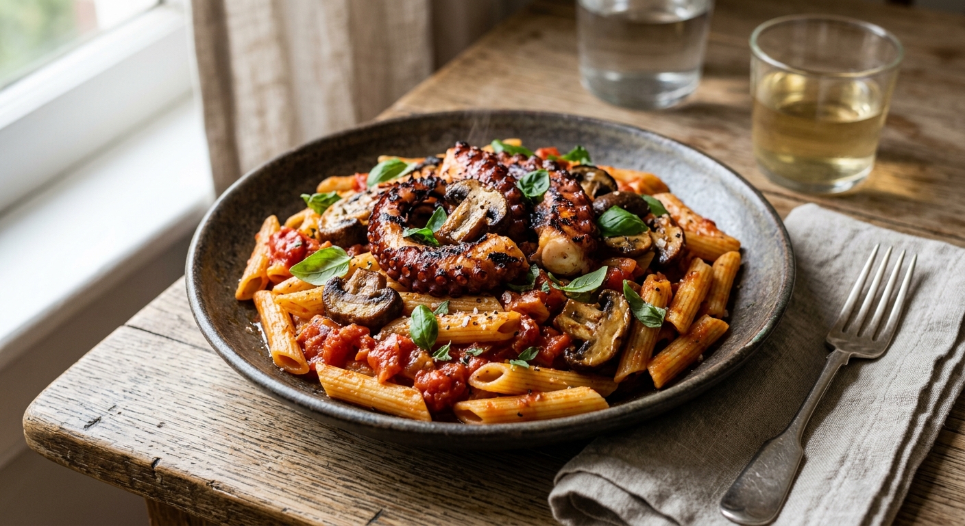 Penne com Cogumelos e Polvo Grelhado ao Molho de Tomate