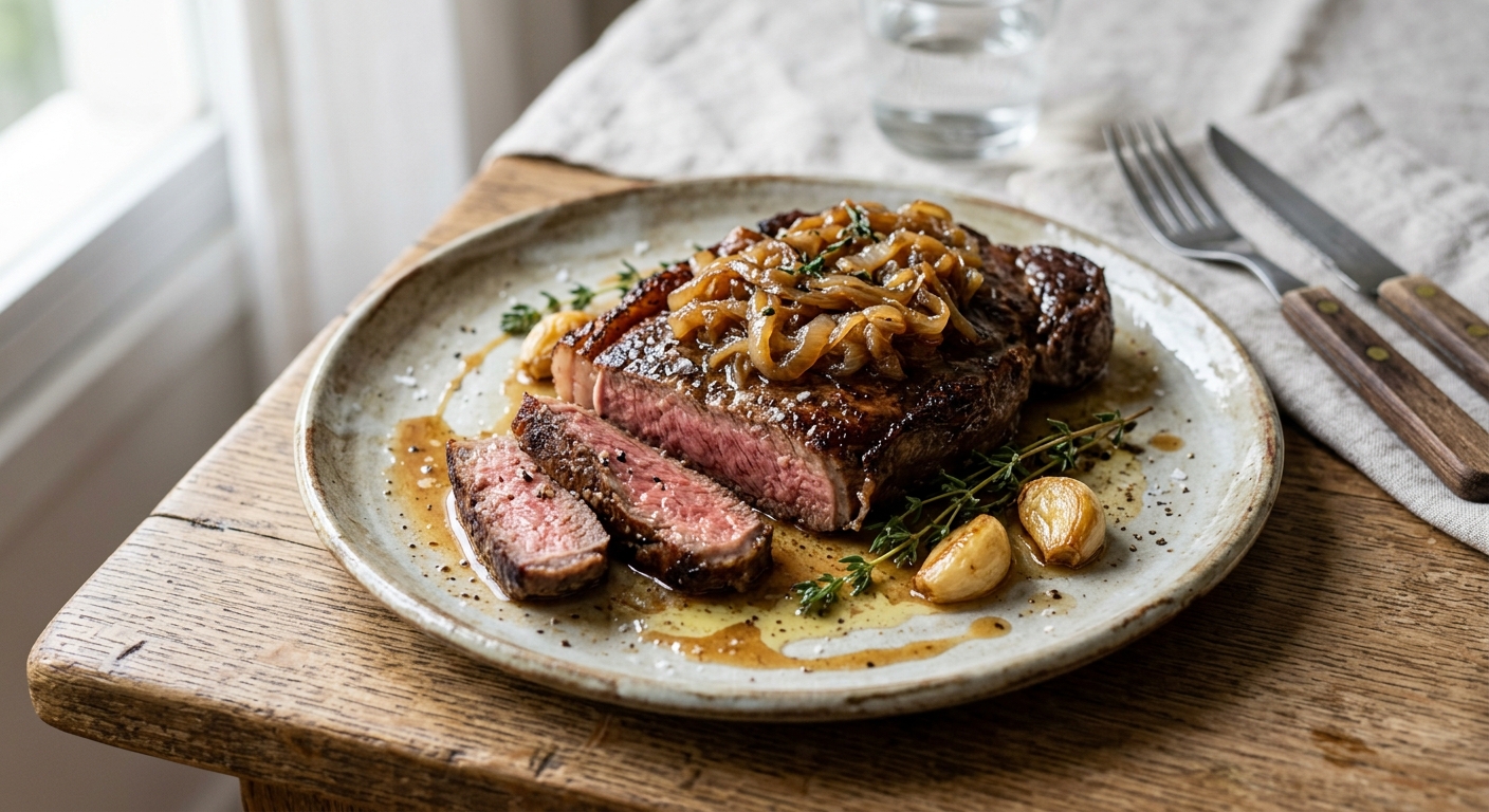 Bife de Contrafilé na Manteiga com Cebolas Caramelizadas
